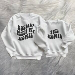 Matching Mom and Kid Sweatshirt Set Rollin With My Homie White Gildan Sweatshirt